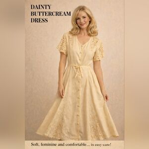 Dainty Buttercream Lace Sleeve Button-Down Dress Fit n' Flare style